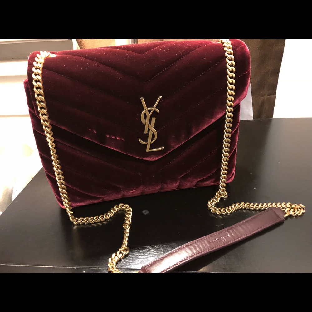 YSL burgundy velvet crossbody with gold hardware